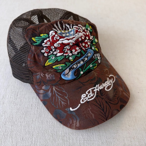 Ed Hardy Accessories - Ed Hardy Brown Floral Rhinestone Rose Tattoo Trucker Hat Mesh Snapback Cap Y2K
